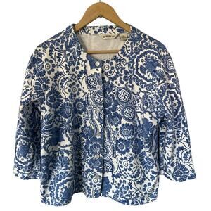 Orvis Blue Floral 3/4 Sleeve Cotton Cardigan Medium USA Made